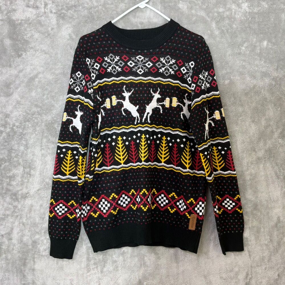 Tipsy Elves Ugly Christmas Sweater Men’s M Black Reindeer Beer Fair Isle
